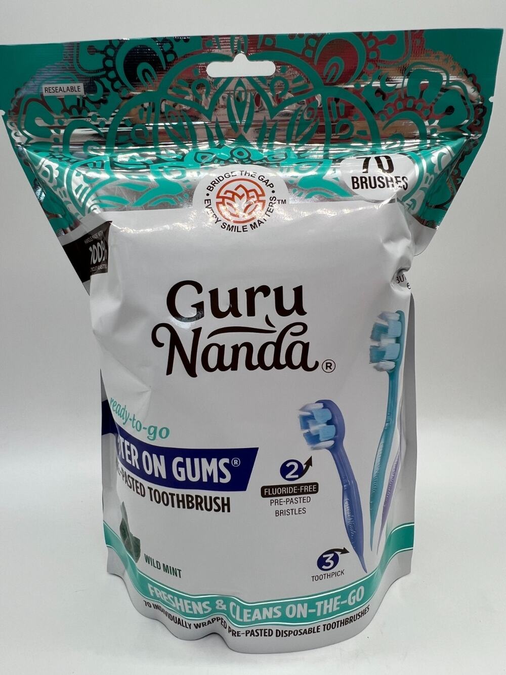 GuruNanda Ready-to-Go Pre-Pasted Toothbrushes Wild Mint 70 Ct